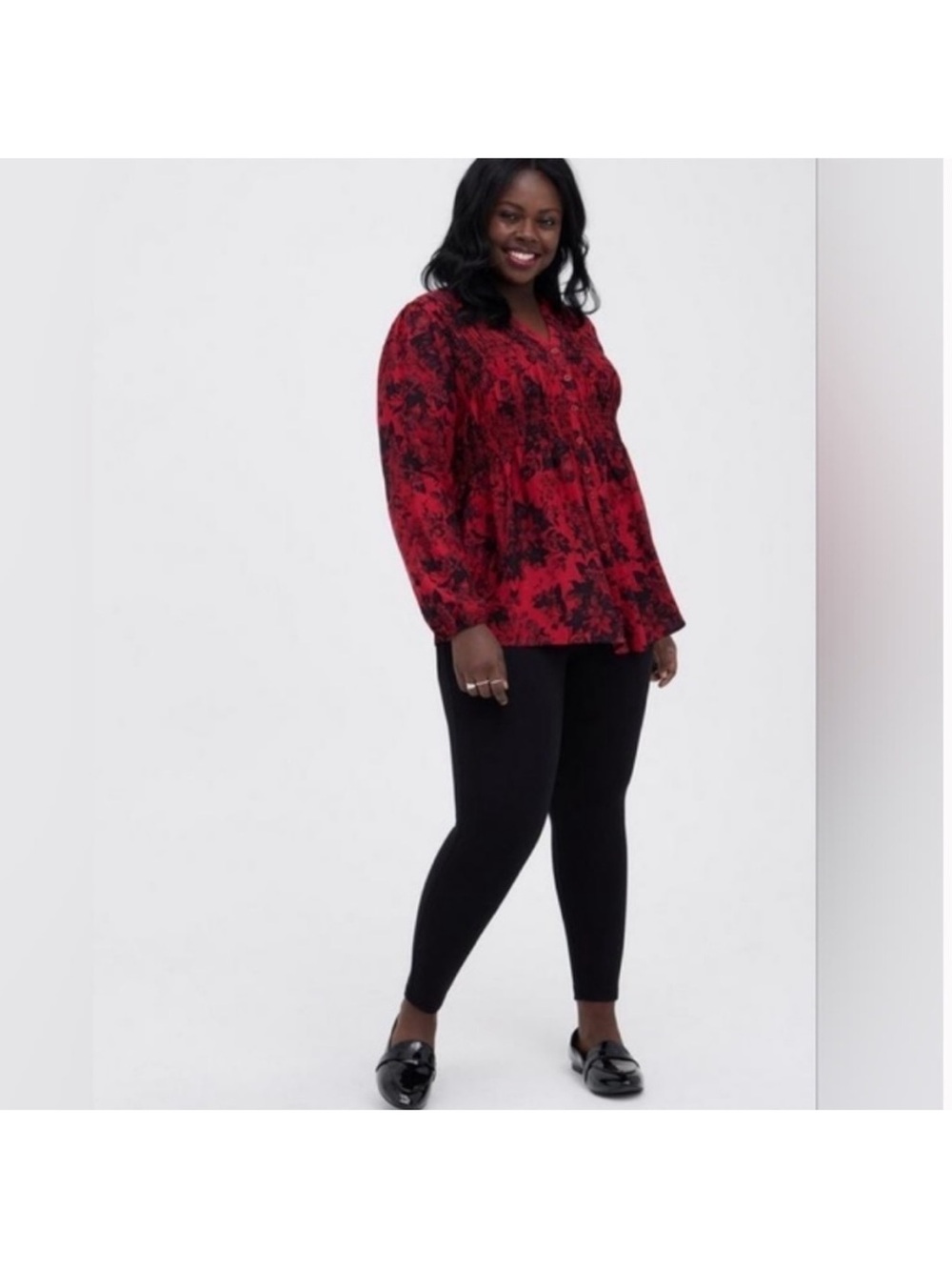 Torrid Smocked Babydoll Tunic 2X Red Black Floral Button Front High Low Top - Picture 3 of 8